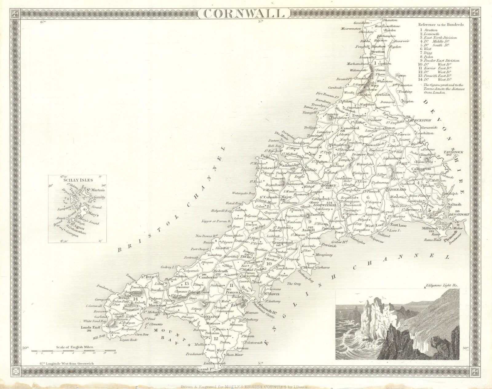 Cornwall antique county map by Thomas Moule 1837 old plan chart